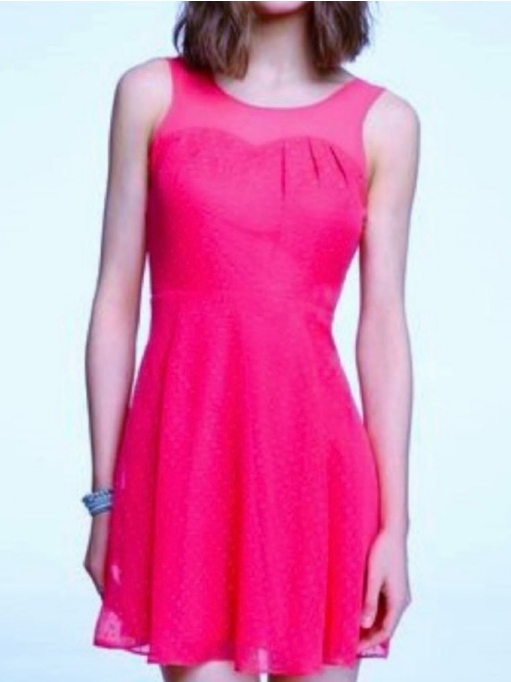 Express Hot Pink Swiss Dot Chiffon Sleeveless Fit & Flare Dress